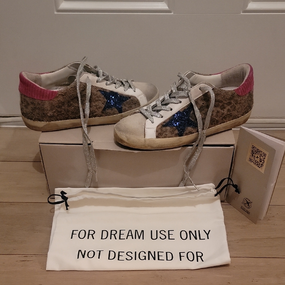 Golden Goose Leapord Print W/ Blue Sequin Star. Pink Backing. Size 37. 48 Hr PD!